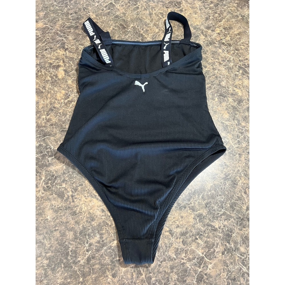 PUMA Womens Black Ribbed One Piece Swimsuit Logo Taped Straps Size M - Picture 5 of 9